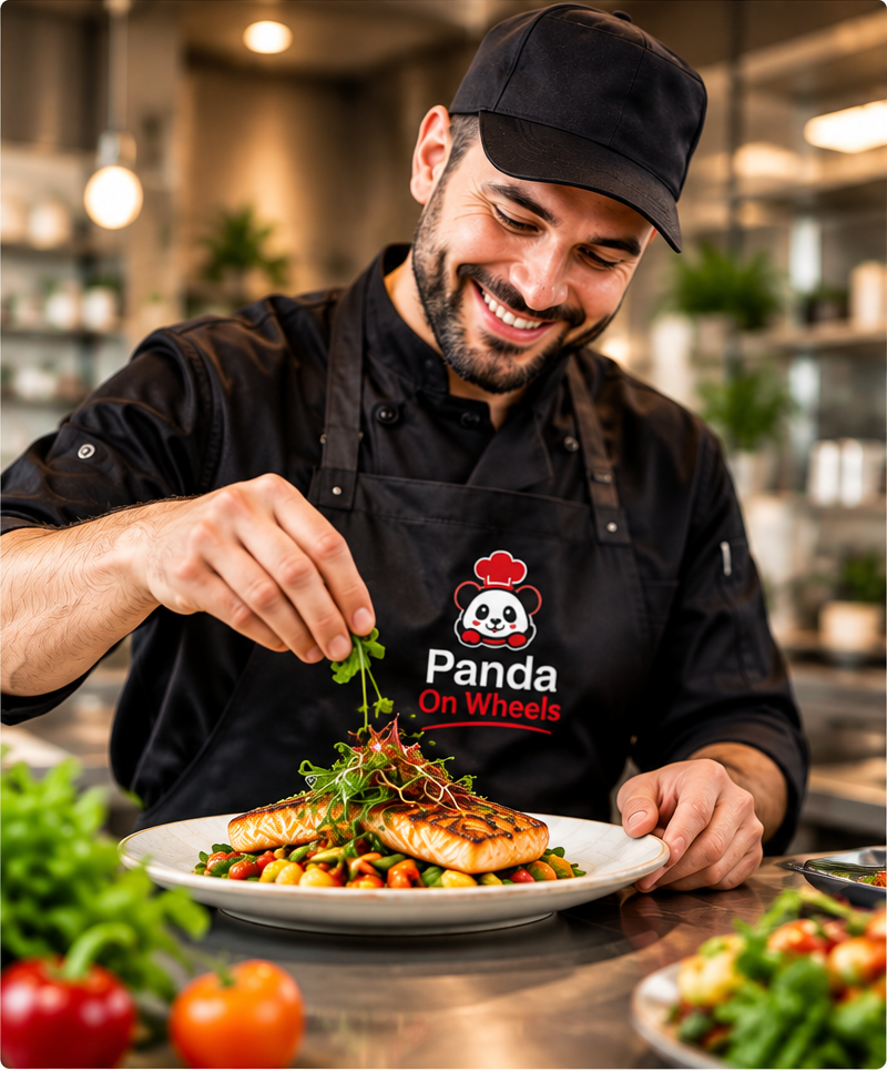 Chef plating a dish wearing a Panda On Wheels apron