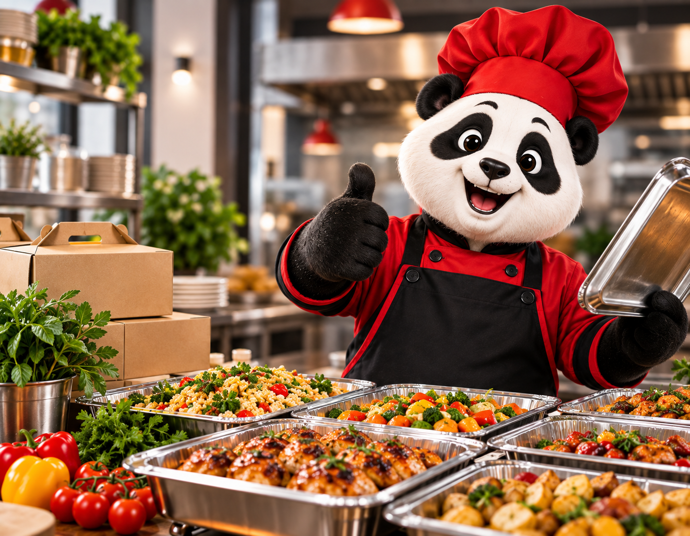 Panda On Wheels chef mascot with catering trays